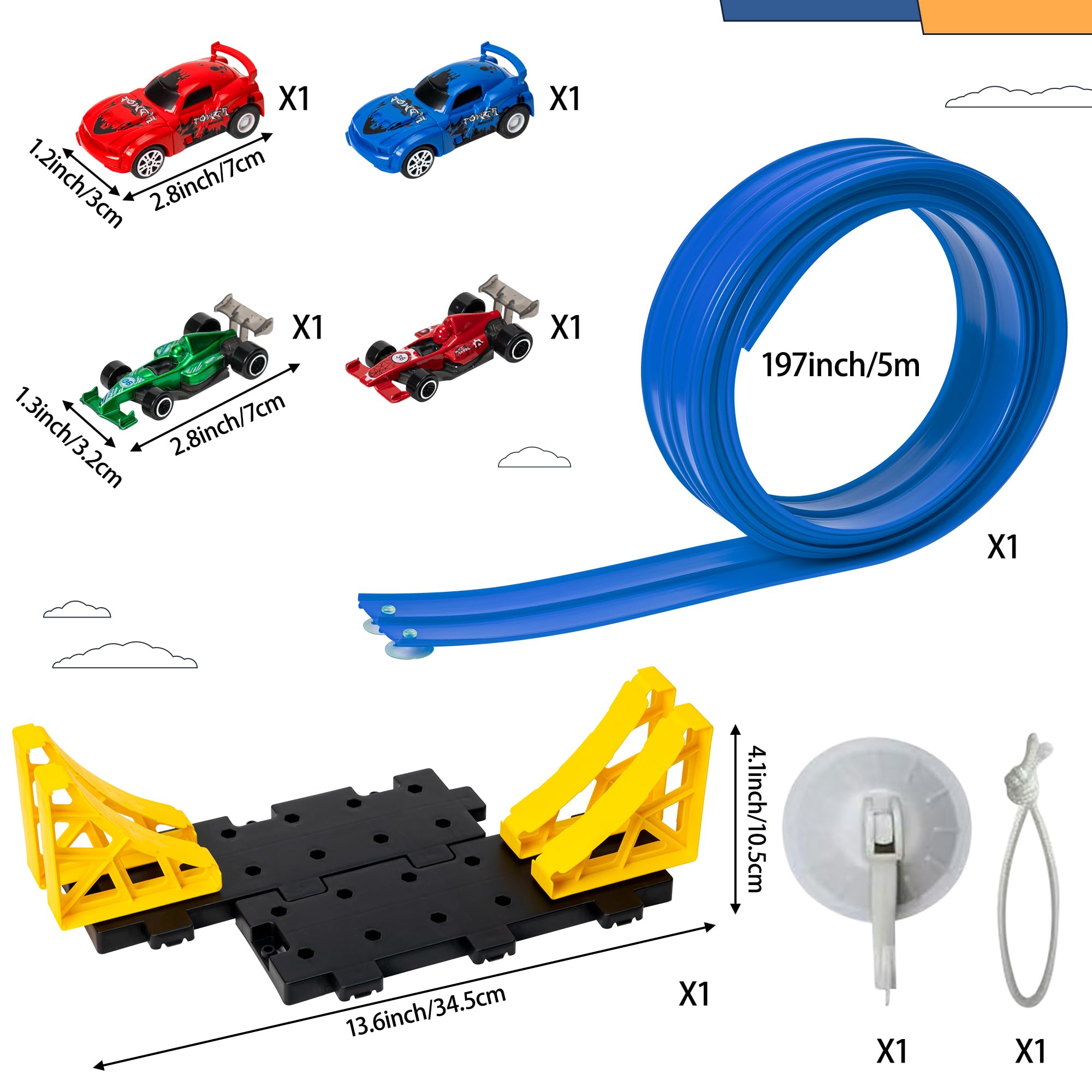 GROBRO7 Toy Car Flexible Track for Racing, 5M Two Lane Die-Cast Car Track with 4 Race Cars, Rolls Up Mounts on Doors, Walls - Image 2