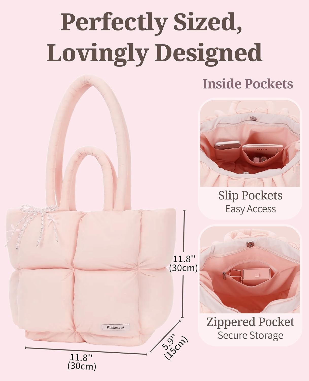 Puffy Quilted Tote bag for women with Cute Bow Charm - Korean style l Lightweight Puffer Shoulder bag, Spacious for Travel, Gym, College, Weekender, Carry on Duffel l Gift-Ready