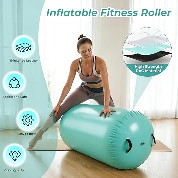 Inflatable Air Roller Gymnastics Barrel,100 x 60cm(23.6X39.4in) Gymnastics Tumbling Roller Barrel for Backhandspring, Yoga, Cheerleading Training, Home Gym Balance Equipment with Electric Pump, Green
