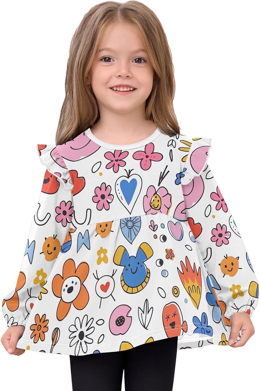 visesunny Toddler Clothes for Girls Simple Floral Pattern Design Long Sleeve Fall Shirts Cotton Top with Ruffle Collar