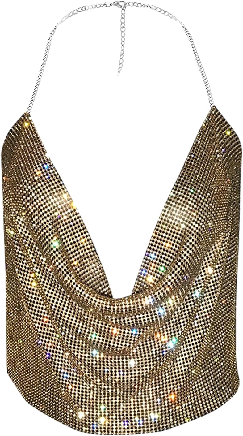 Womens Sexy Sparkly Chain Top Deep V Neck Crop Tank Tops Cami Body Chain Rave Shirt Dance Festival Outfits Party Clubwear - Image 5