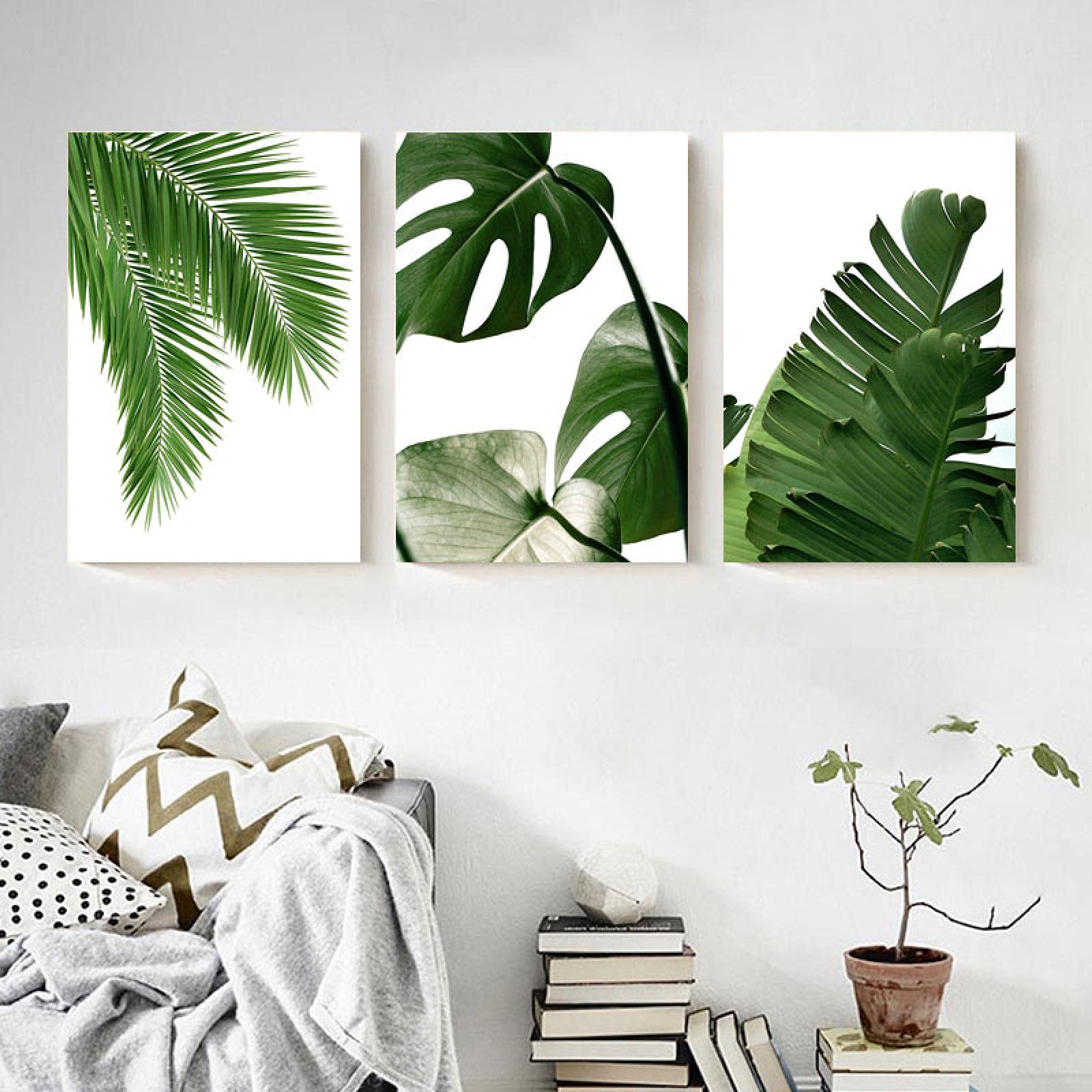 Hojas tropicales verdes Cuadro sobre lienzo para pared Plantas Carteles nórdicos e impresiones Cuadros de pared para decoración para sala de estar 30x50cm (12x20in) x3 Marco interior