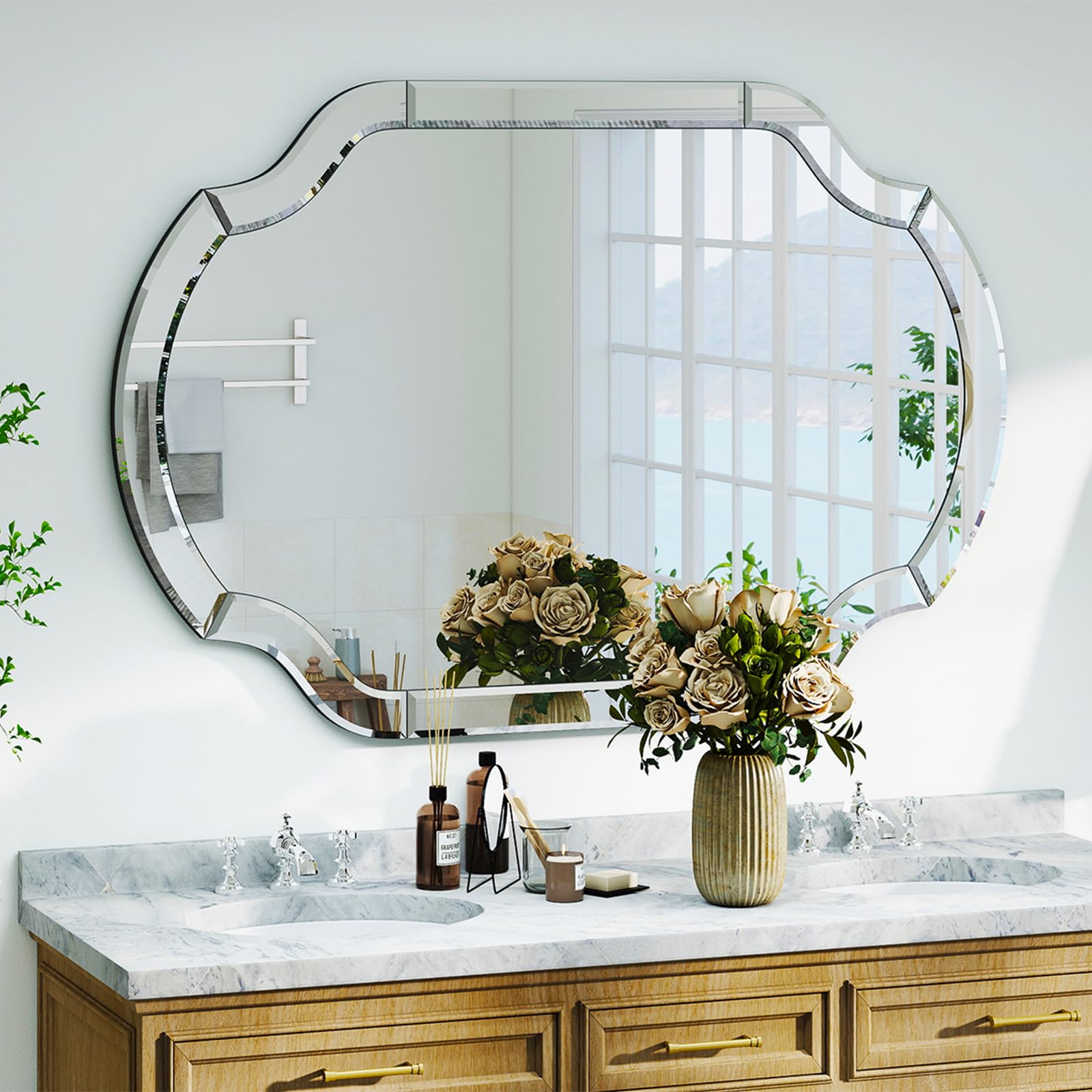 Photo 1 of Autdot 47" x 32" Large Wall Mirrors for Living Room, Modern Elegant Decorative Mirror with Beveled Glass Scalloped Corner, Horizontal or Vertical Hanging for Bathroom, Entryway, Dining Room