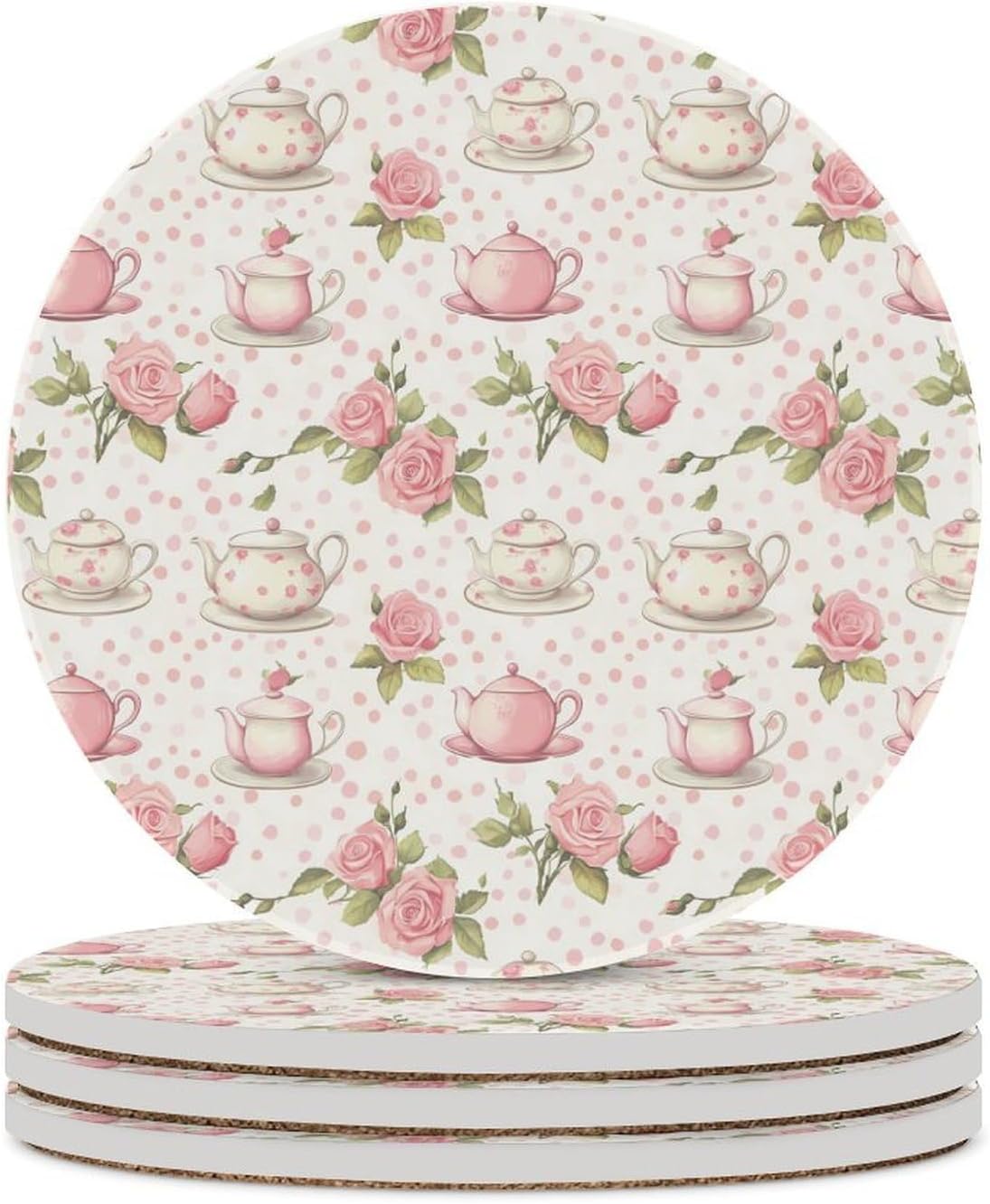 Polka Dot Rose Tea Party Round Ceramic Coasters Print Drinks Absorbent with Cork Base for Home Decor Gifts 4 Inch