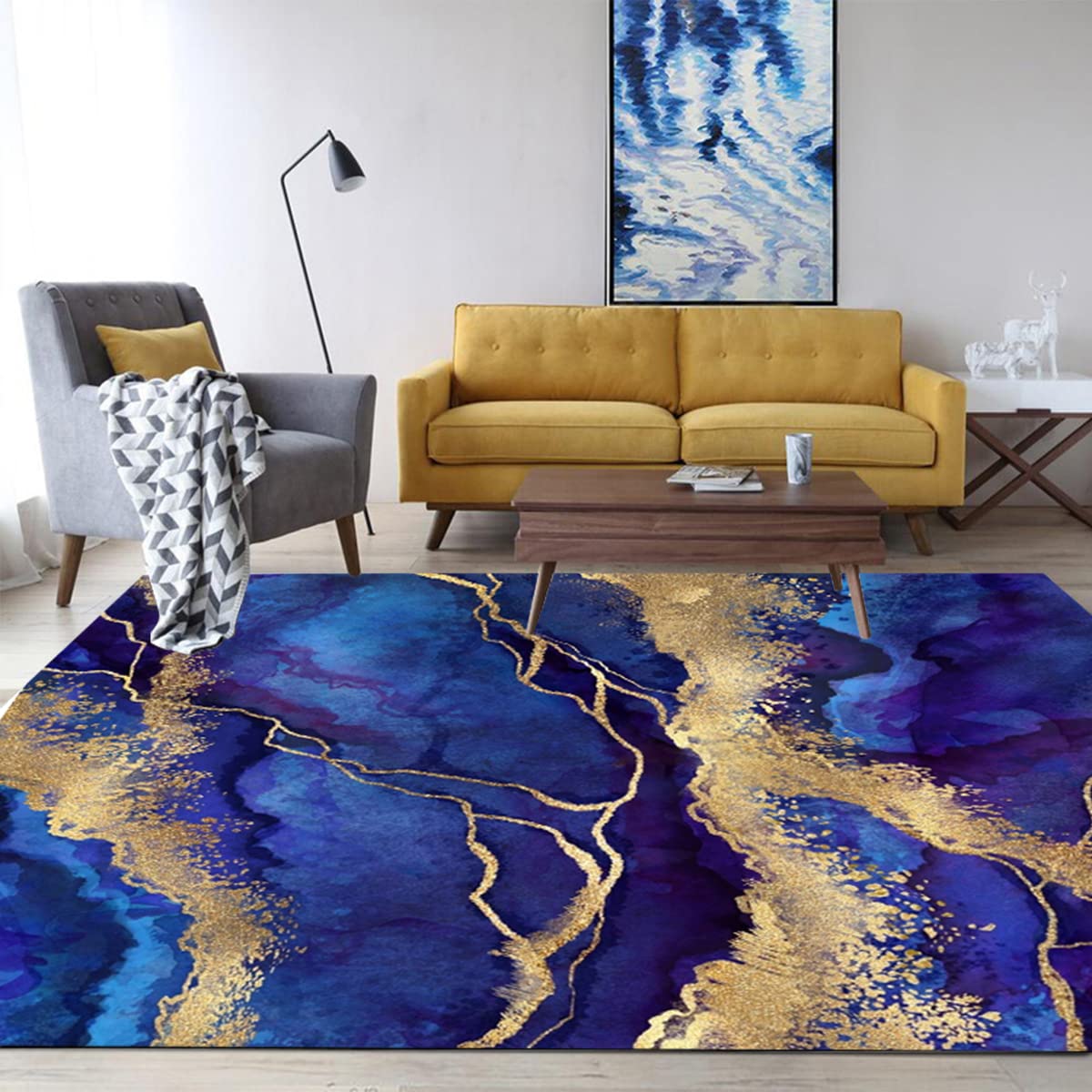Amazon.com: Modern Abstract Marble Swirl Royal Blue Gold Washable Area Rug for Livingroom Bedroom Aesthetic Carpet Under Dining Table Indoor Hallway Kitchen Office Rug 9x12 : Home & Kitchen
