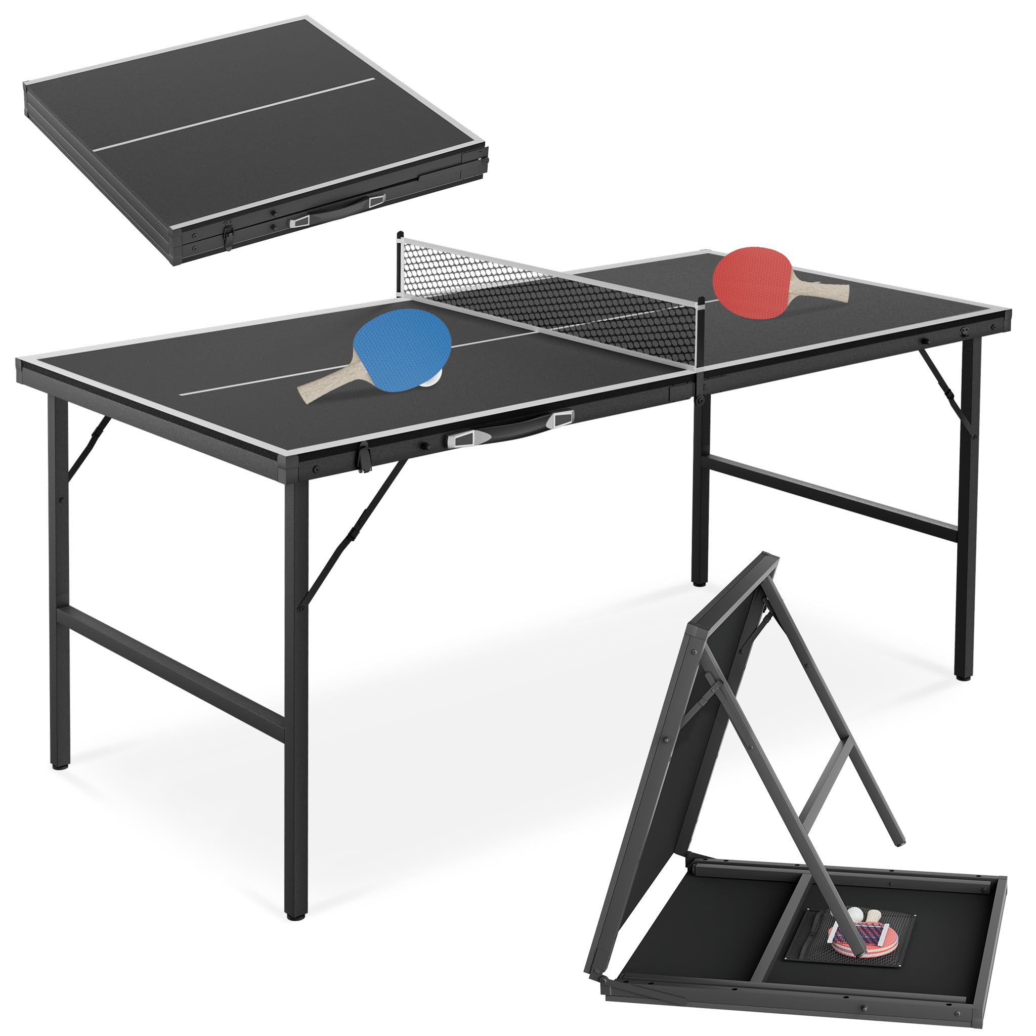 NAIZY Mini tavolo da ping pong pieghevole, 152,5 x 76 cm, per casa e interni | Tavolo da ping pong per esterni, pieghevole, nero/blu, set con palline da ping pong e rete da mountain bike