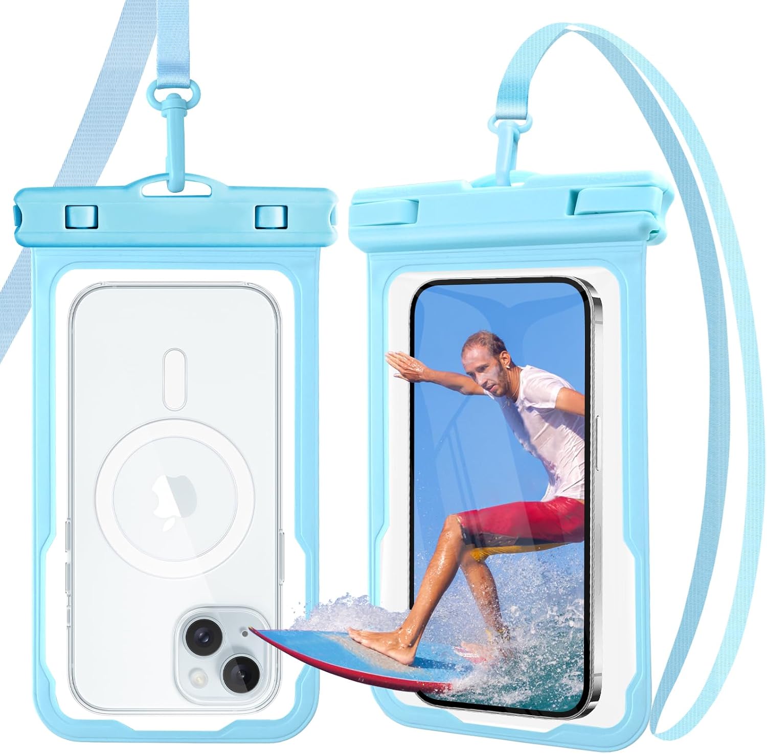 2 Pack Waterproof Phone Pouch, Up to 7.2" Waterproof Phone Case for iPhone 15 14 13 Pro Max Samsung Google, IPX8 Underwater Cellphone Dry Bag for Snorkeling Kayaking Cruise Beach Vacation, Blue+Blue