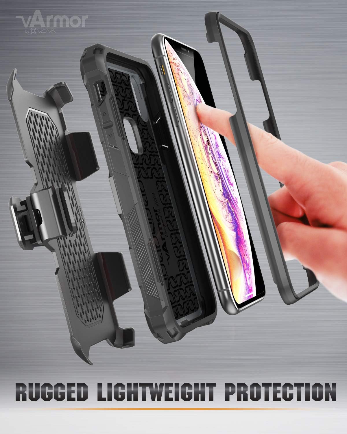 Vena vArmor Rugged Case Compatible with Apple iPhone Xs Max (6.5"-inch), (Military Grade Drop Protection) Heavy Duty Holster Belt Clip Cover with Kickstand - Space Gray / Black