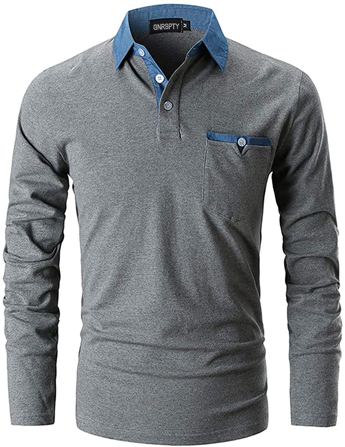 GNRSPTY Polo Manica Lunga Uomo Maglietta Denim Collare Maglia Elegante Cotone T-Shirt Golf Tennis Lavoro Camicia