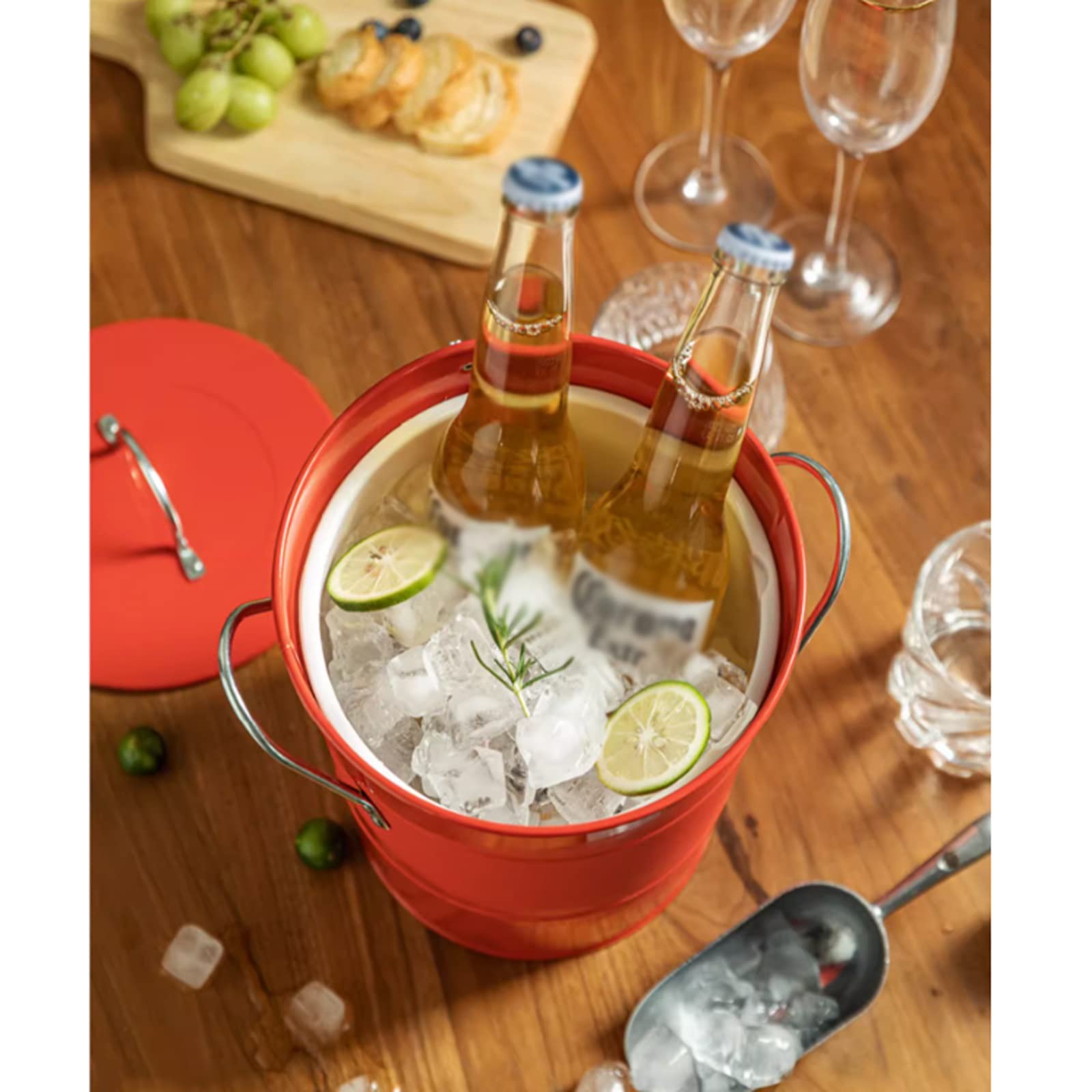 Flaschenkühler 3,5 Liter doppelwandiger Eiskübel, isolierte mit Deckel und Schaufel, verdickte aus Metall, Party-Getränkewanne for Partys in der Küche zu Hause, Cocktailbar Eiskühler(Green)