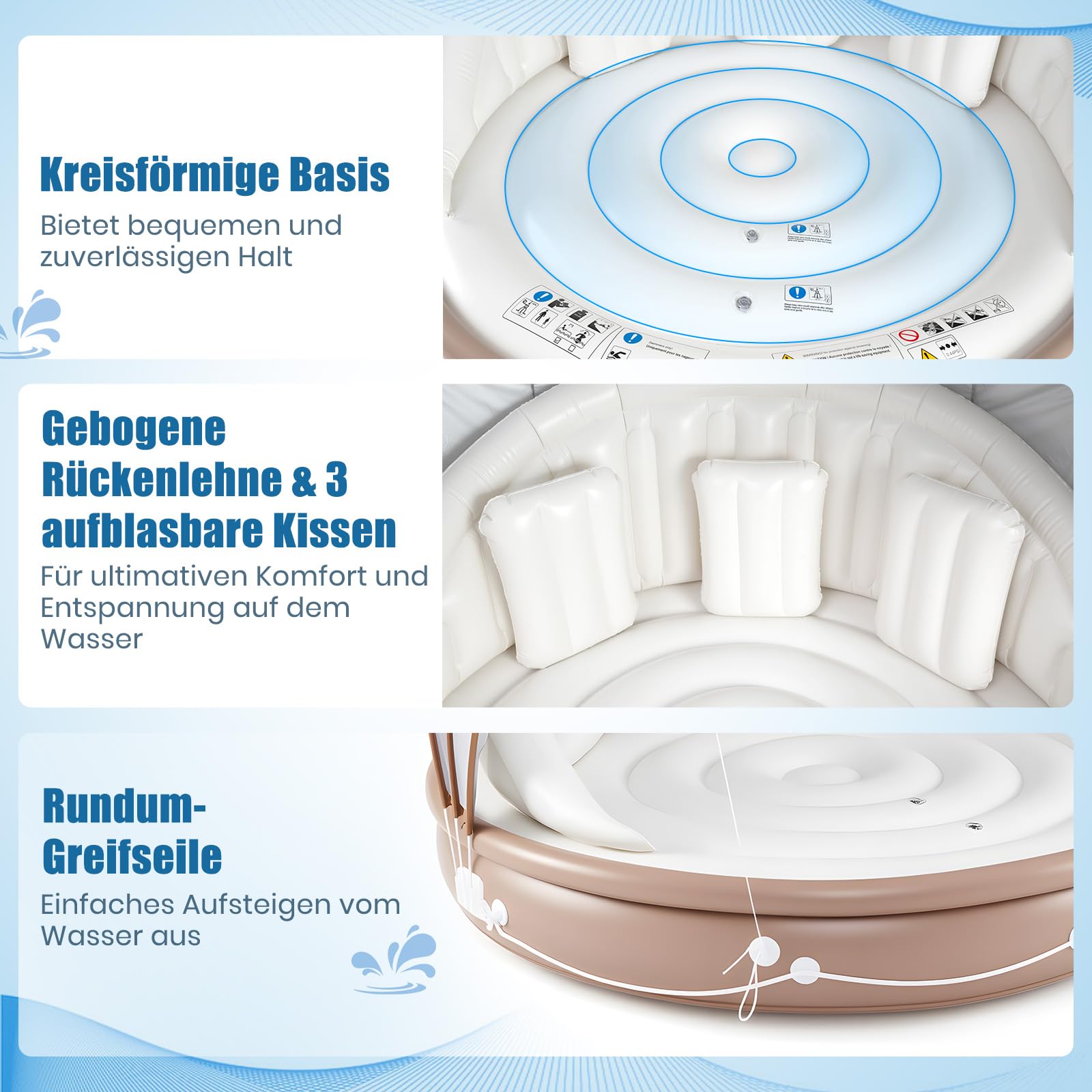 GYMAX Badeinsel Aufblasbar XXL, 186 x 186 cm, Schwimminsel mit Abnehmbarem SPF 50+ Sonnendach & 3 Kissen, 200 kg Belastbare Aufblasbare Insel für 2 Personen, Luftmatratze Wasser für Pool & Meer