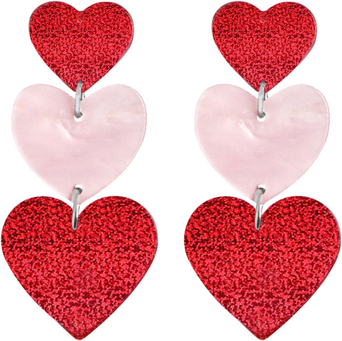 Heart Earrings for Women Girls Unique Acrylic Lightweight Sparkling Hot Pink Dangle Taylor Heart Earrings Three Pink Heart Earrings Red Heart Earrings Cute Love Dangling Heart Earrings