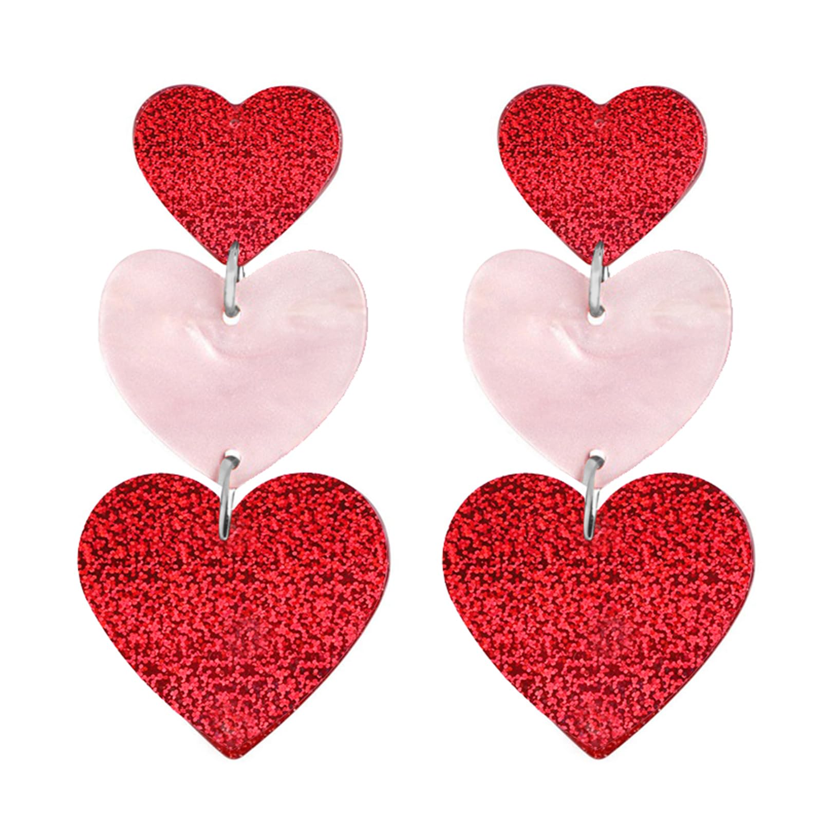 Heart Earrings for Women Girls Unique Acrylic Lightweight Sparkling Hot Pink Dangle Taylor Heart Earrings Three Pink Heart Earrings Red Heart Earrings Cute Love Dangling Heart Earrings