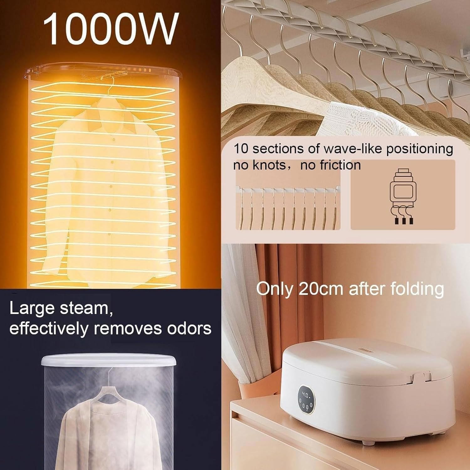 Portable Dryer, Steam Ironing Dryer with Remote Control, Intelligent Quick Wrinkle Remover, 6D Heat Flow Circulation, Home and Laundry Sterilisation