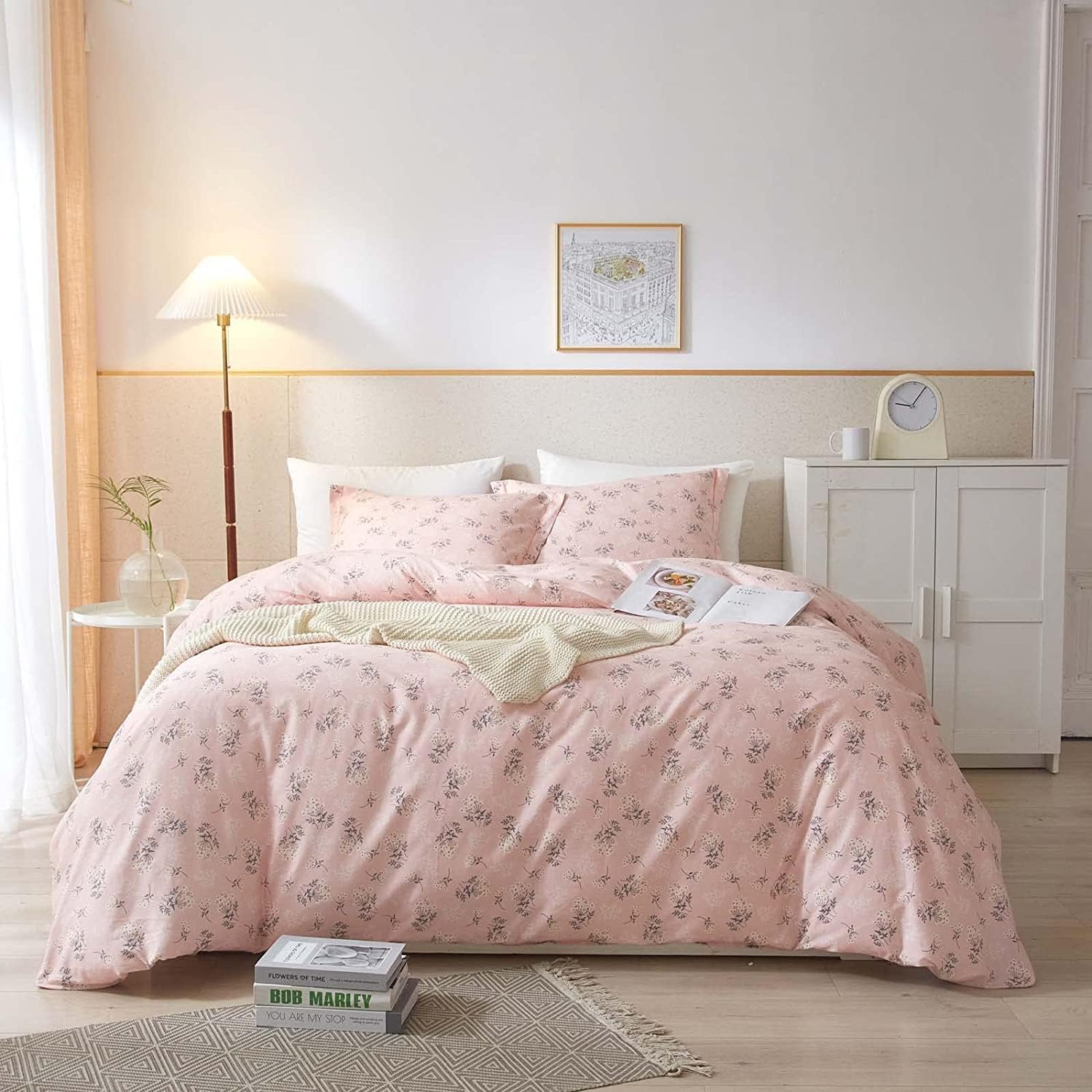 LifeTB Pink Boho Floral Duvet Cover Queen Soft Cotton Pink