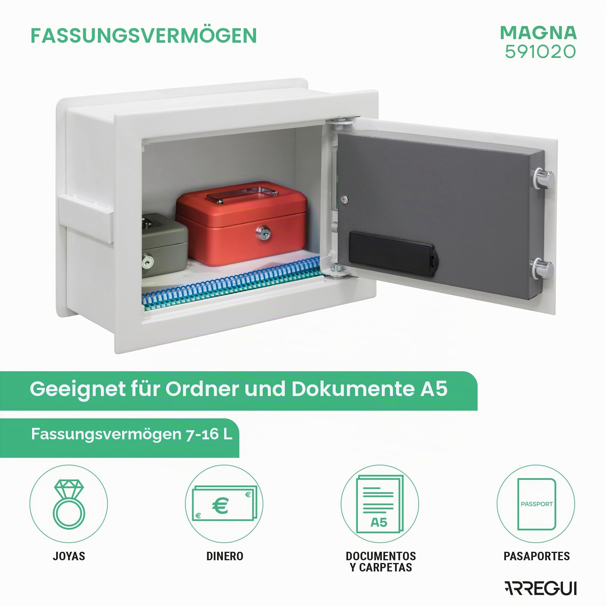 ARREGUI Magna 591020 Einbautresor mit Code und Schlüssel, doppelte Sicherheit mit ausziehbarem Boden für Geld, elektronischer Wandsafe für Zuhause oder Büro, 26 x 36 x 15-25 cm, 14-23 l