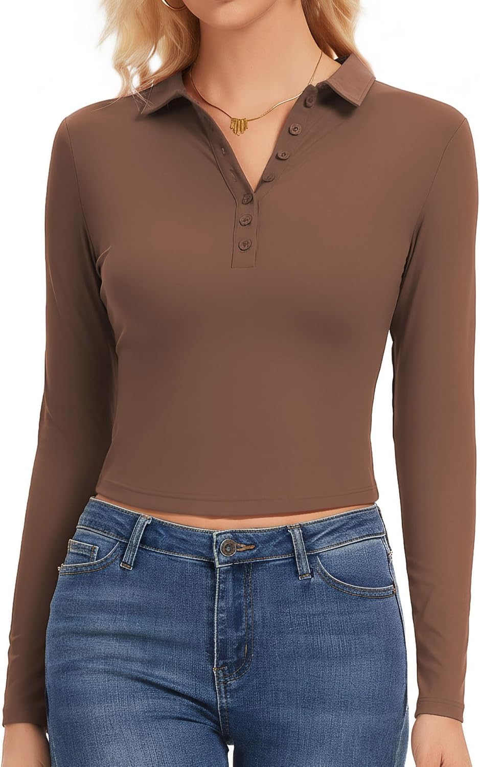 Womens Polo Shirts Long Sleeve,Cropped Collared Shirt Cute Fitted V Neck Tops with Button - Image 2