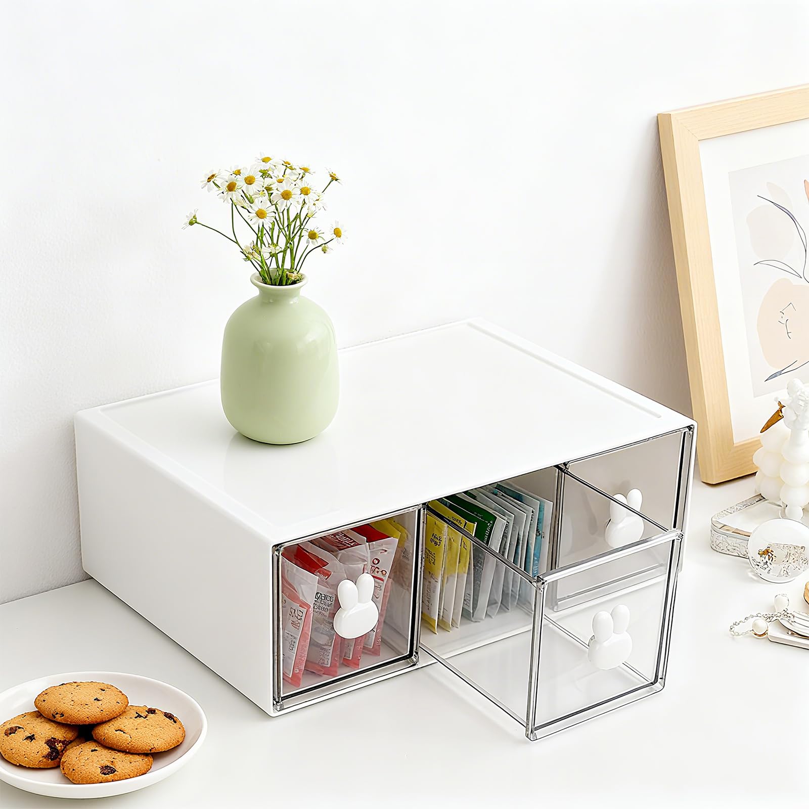 SINJEUN 2 scatole da tè impilabili da 23 x 17 x 8 cm, con 3 cassetti, in plastica con adesivo, scatola per tè, caffè, cucina, bagno, ecc