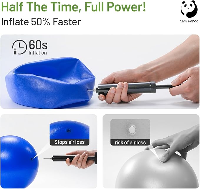 Completing the package is a convenient needle pump for quick inflation and deflation, ensuring your fitness routine is never interrupted. The compact design allows for effortless storage in gym bags or suitcases, making it perfect for on-the-go fitness enthusiasts. Suitable for all fitness levels, from beginners to pros, our Pilates ball is an indispensable addition to any home or gym setup, adapting to your needs whether you're easing back pain, improving posture, or building strength.