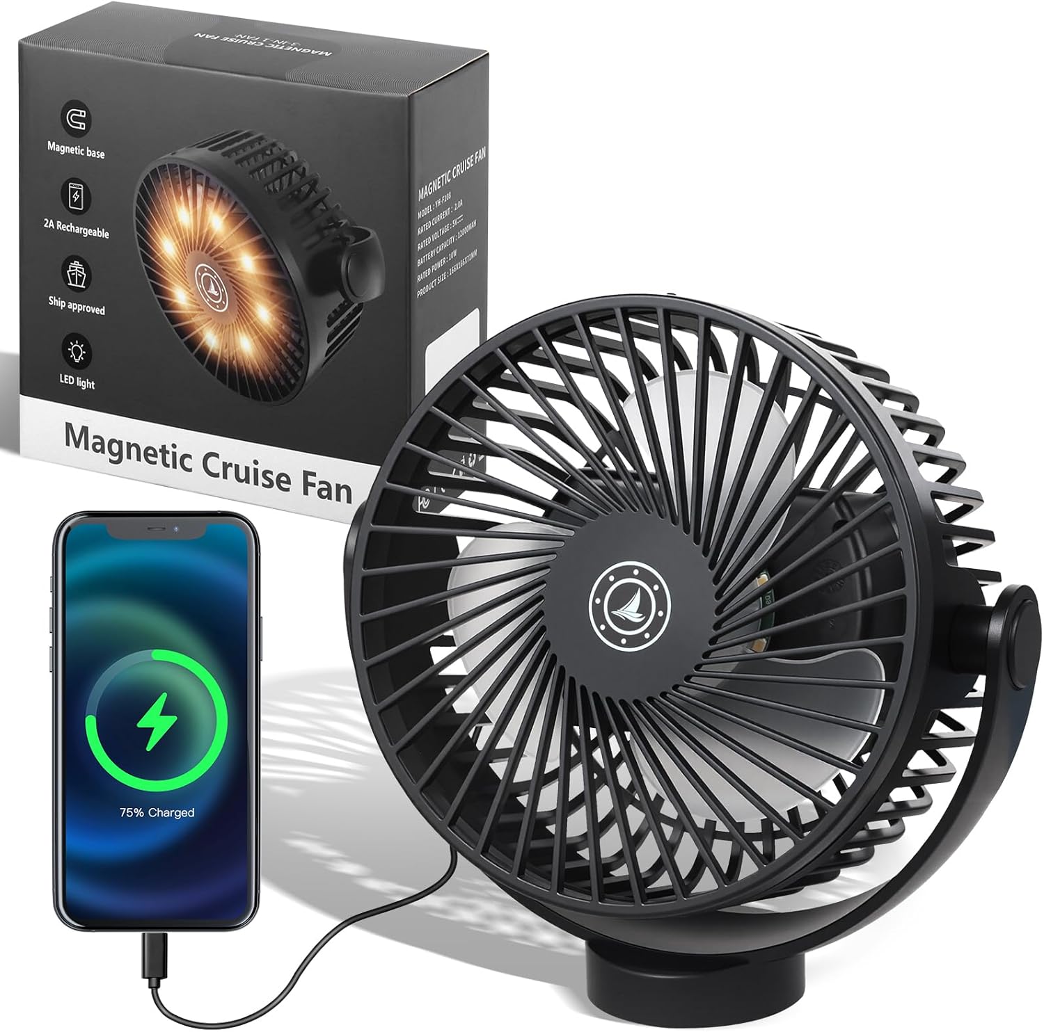 Magnetic Cruise Fan with 12000mAh Battery – Portable Cabin Air Circulator, 3-Speed LED Desk Fan with Timer, Power Bank & Ceiling/Wall Mount, Cruise Ship Approved for Travel (Black)