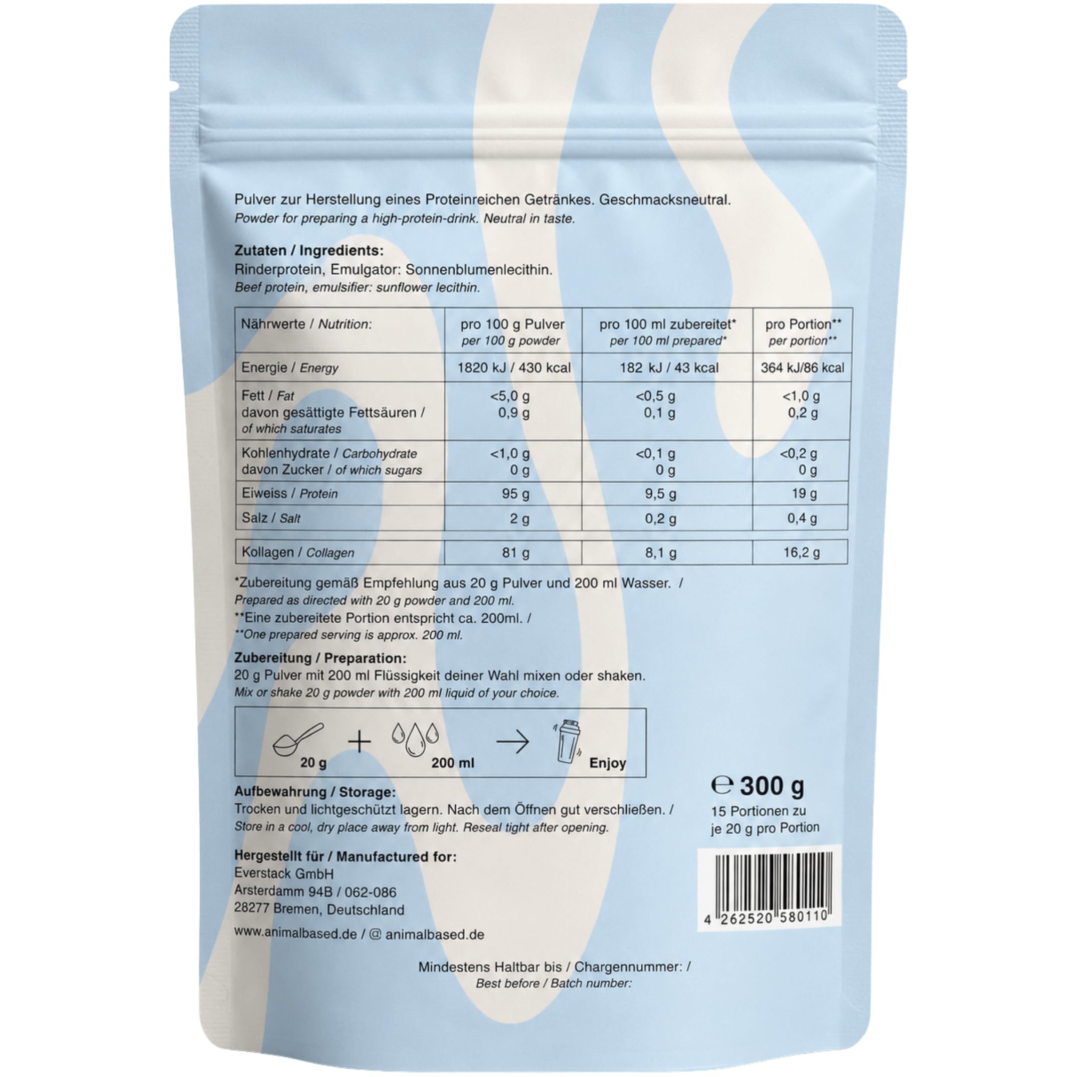 Animal Based Rinderprotein Pulver Neutral 300g - Natürliche Zutaten - 19g Protein - 16g Kollagen - 86 kcal - Beef Protein - Kollagen Typ 1,2,3 - Knochenbrühe vom Weiderind - Bone Broth - Histaminarm