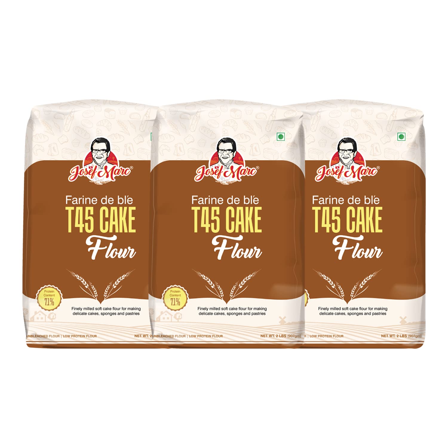 JOSEF MARC T45 Cake Flour, 2 Lbs (907Gm) - Unbleached & Low Protein Flour, All Purpose Cake Flour (Pack Of 3) Unbleached Baking Flour & Low Protein Baking Flour