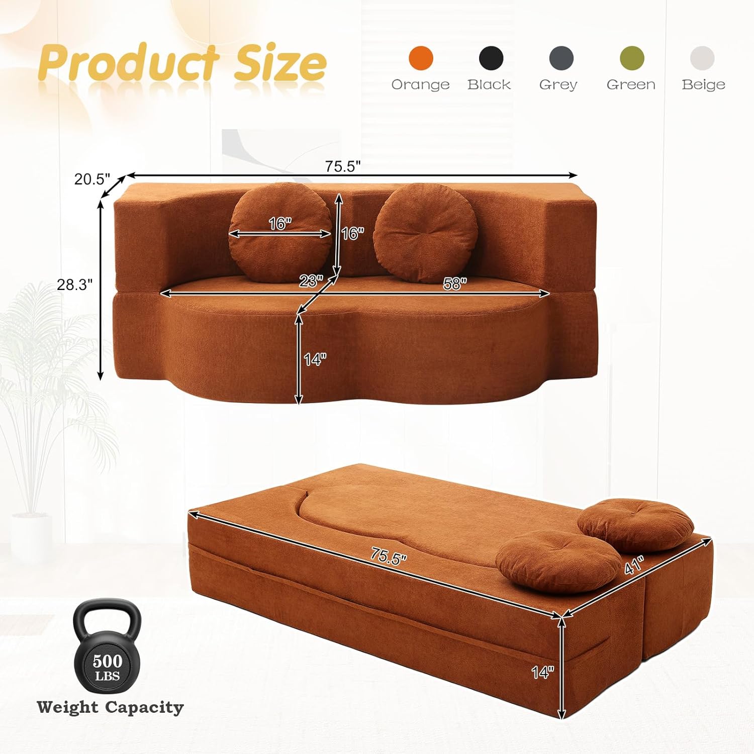 Folding Futon Sofa Bed, Modern Convertible Fold Out Chenille Cloud Memory Foam Boneless Floor Lounge Loveseat Sleeper Mattress Sofa Couch with 2 Pillows for Guest Room Living Room Office, Orange