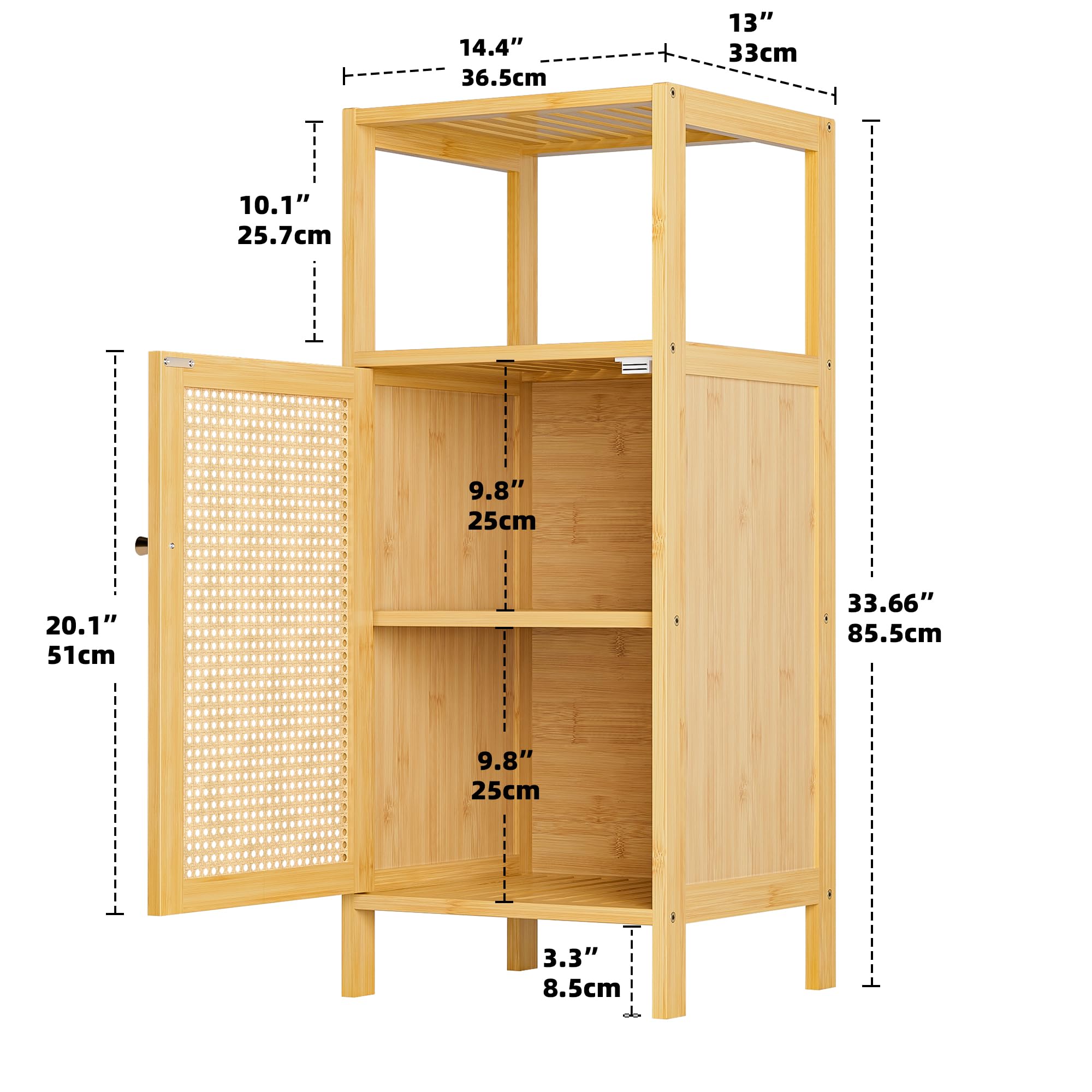 Armoire au Sol en Bambou, Rangement pour Salle de Bain avec Porte en Rotin et 1 Étagère, Petit Placard Latéral en Bois pour Entrée, Buanderie, Cuisine ou Salon (Naturel)