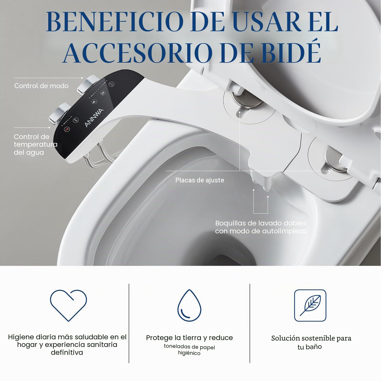 Bidé para WC con Agua Caliente y Fría, Portátil No Eléctrico con Ducha Integrada, Boquilla Retráctil Autolimpiante, Control de Presión (TT18NA)