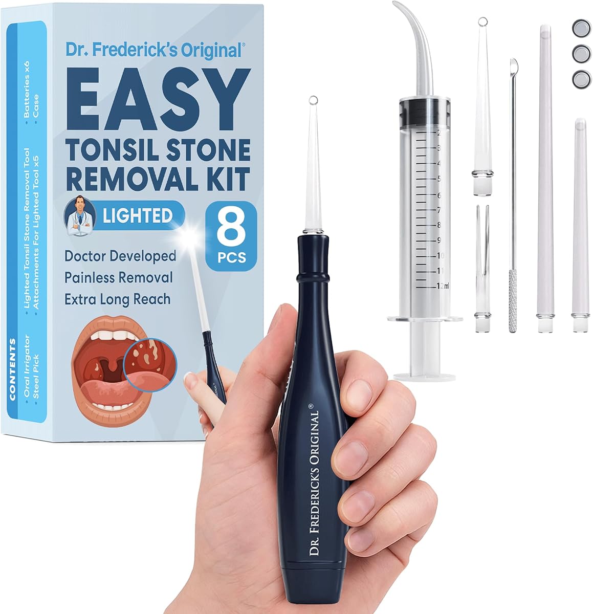 Dr. Frederick’s Original Easy Tonsil Stone Remover Kit - Fast Painless Tonsillolith Removal Tool - Fight Bad Breath - Pick and Oral Irrigator - 8 Pieces