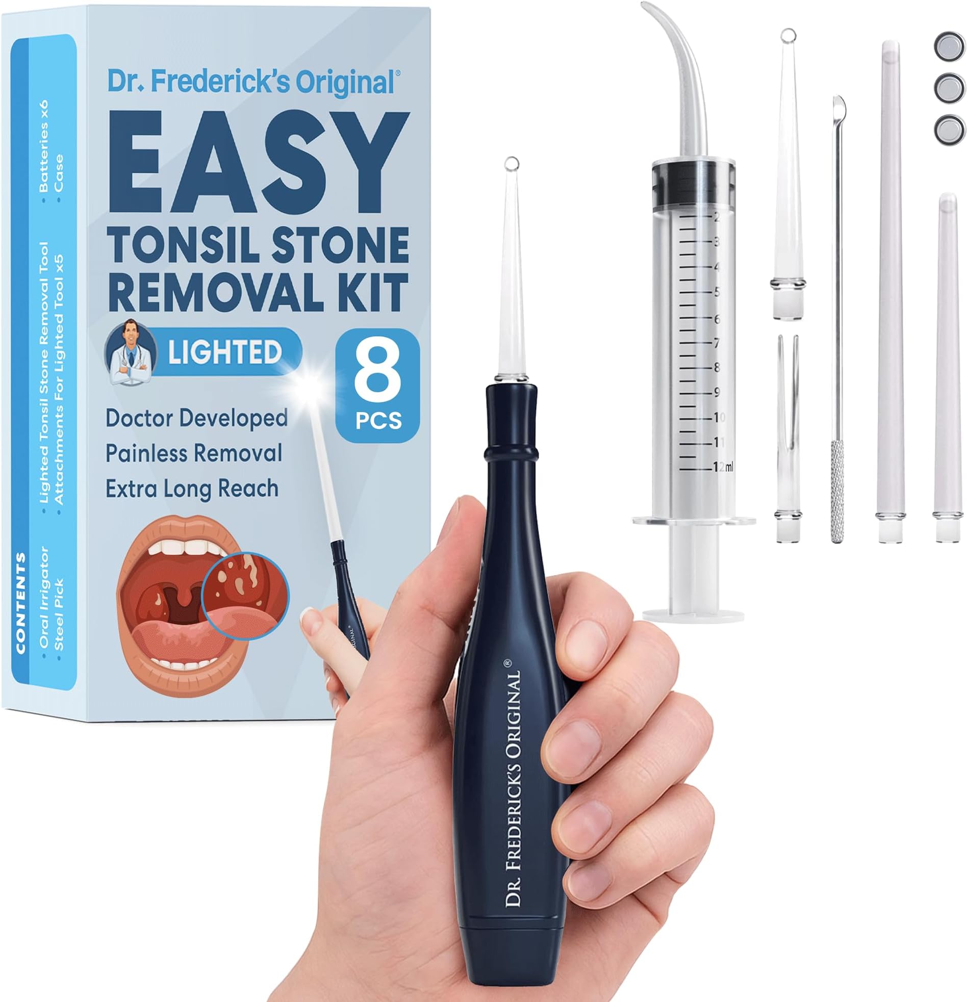 Dr. Frederick’s Original Easy Tonsil Stone Remover Kit - Fast Painless Tonsillolith Removal Tool - Fight Bad Breath - Pick and Oral Irrigator - 8 Pieces