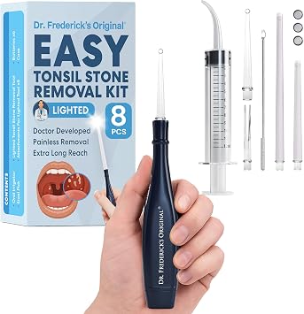 Dr. Fredericks Original Easy Tonsil Stone Remover Kit - Fast Painless Tonsillolith Removal Tool - Fight Bad Breath - Pick and Oral Irrigator - 8 Pieces