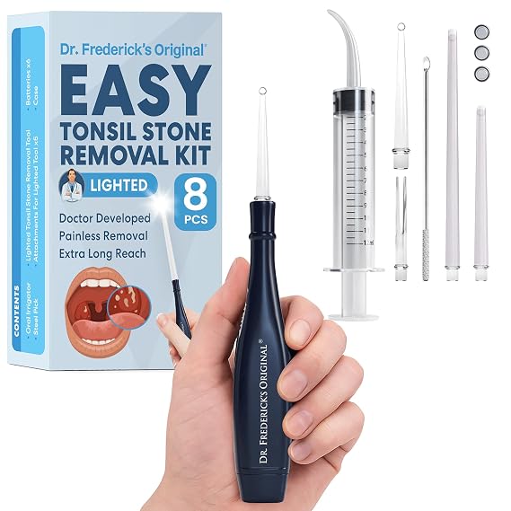 Dr. Fredericks Original Easy Tonsil Stone Remover Kit - Fast Painless Tonsillolith Removal Tool - Fight Bad Breath - Pick and Oral Irrigator - 8 Pieces
