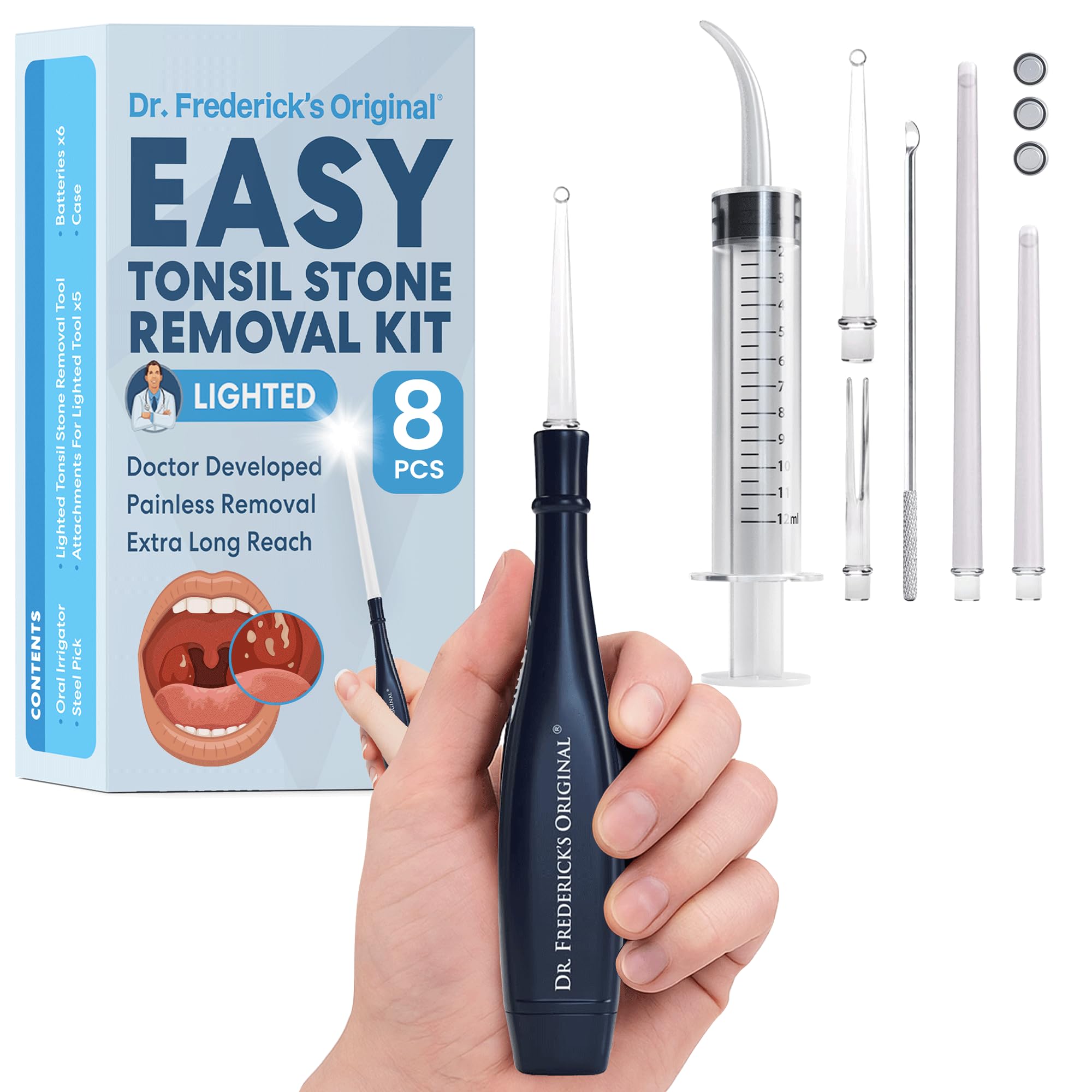 Dr. Frederick’s Original Easy Tonsil Stone Remover Kit - Fast Painless Tonsillolith Removal Tool - Fight Bad Breath - Pick and Oral Irrigator - 8 Pieces