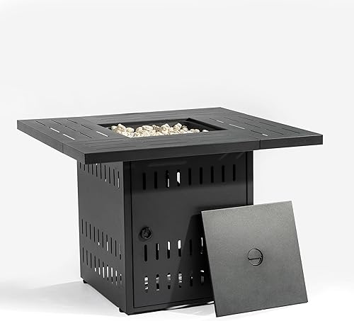 Miniatura 31 de Mesa para fogata de propano de 28 pulgadas, mesa de fuego de 50,000 BTU con tapa de acero, patas grandes, rocas de laval, pozo de fuego seguro
