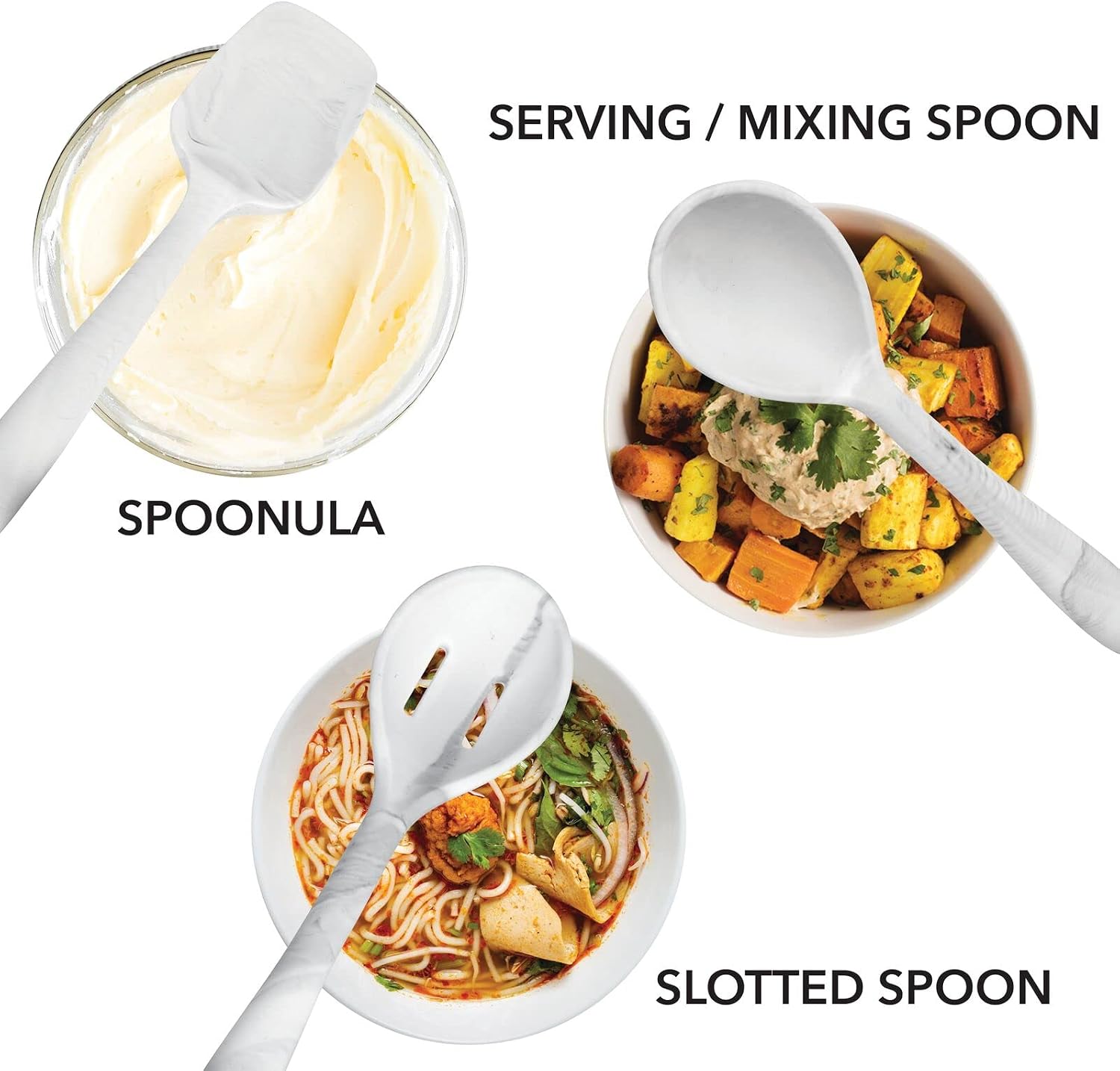 mDesign Silicone Kitchen Utensil Set - Includes Spatula/Turner, Spoonula, Solid Spoon, Slotted Spoon, Serving/Mixing Spoon, Ladle and Pasta Fork, 6 Pack, Large - Marble