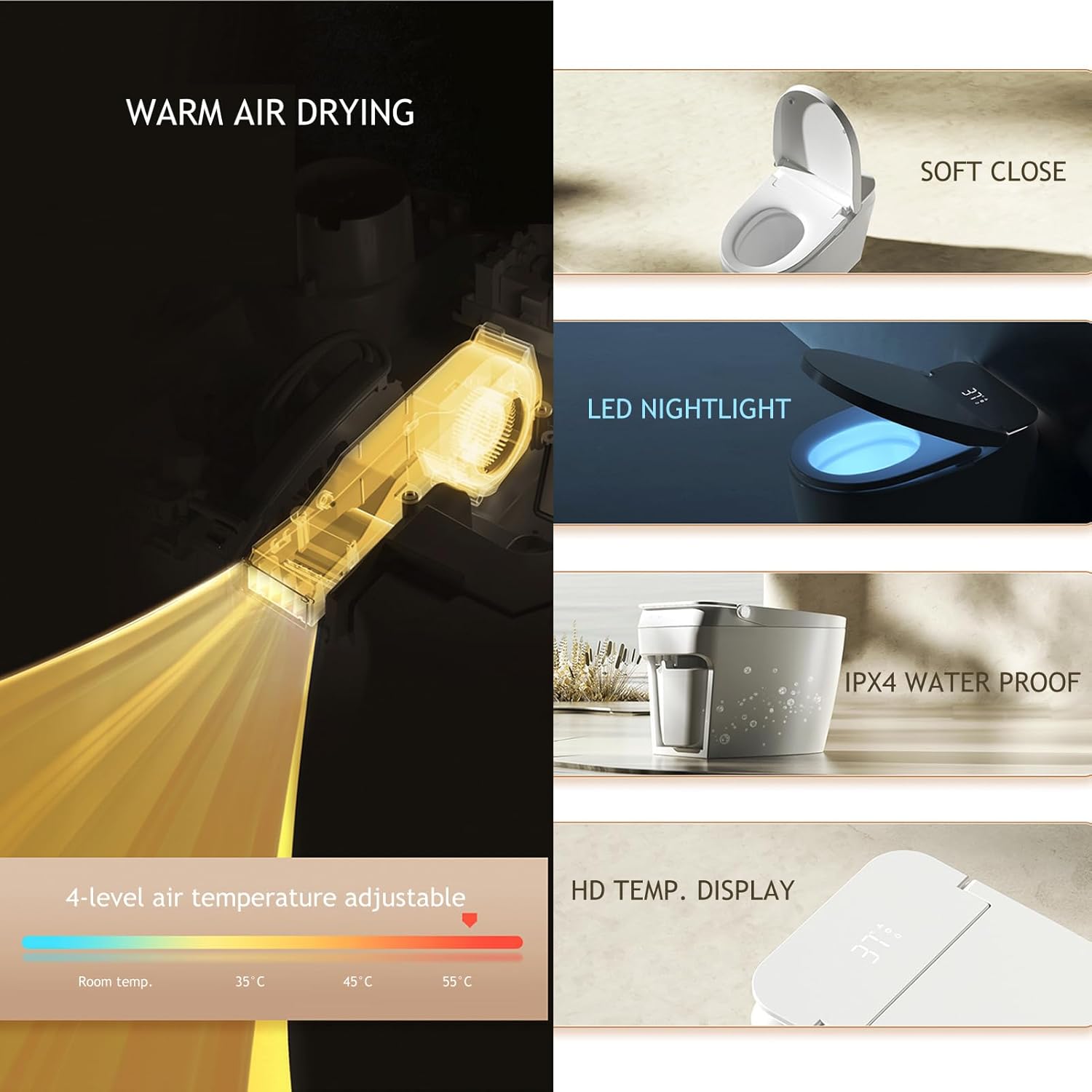 Modern Smart Toilet with Bidet Built In, One Piece Tankless Toilet with Auto Open/Close Lid, Heated Seat, Warm Air Dry, Night Light, Remote Control (Elongated White)