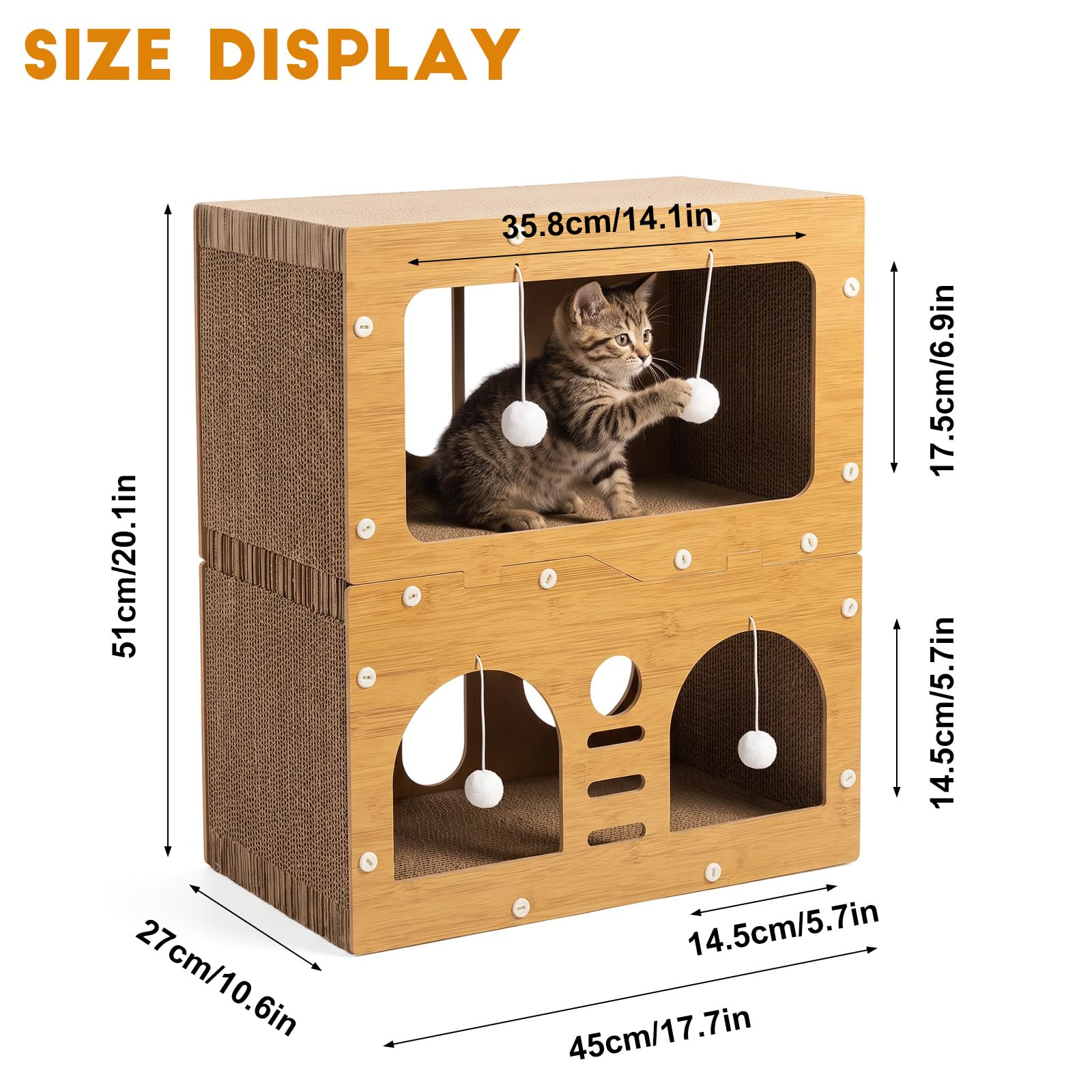 Griffoir pour chat, maison pour chat en carton à 2 étages avec balle suspendue, griffoir pour l'intérieur, grand espace pour chat, meubles pour chats multiples, empêche les dommages aux meubles – 51 x