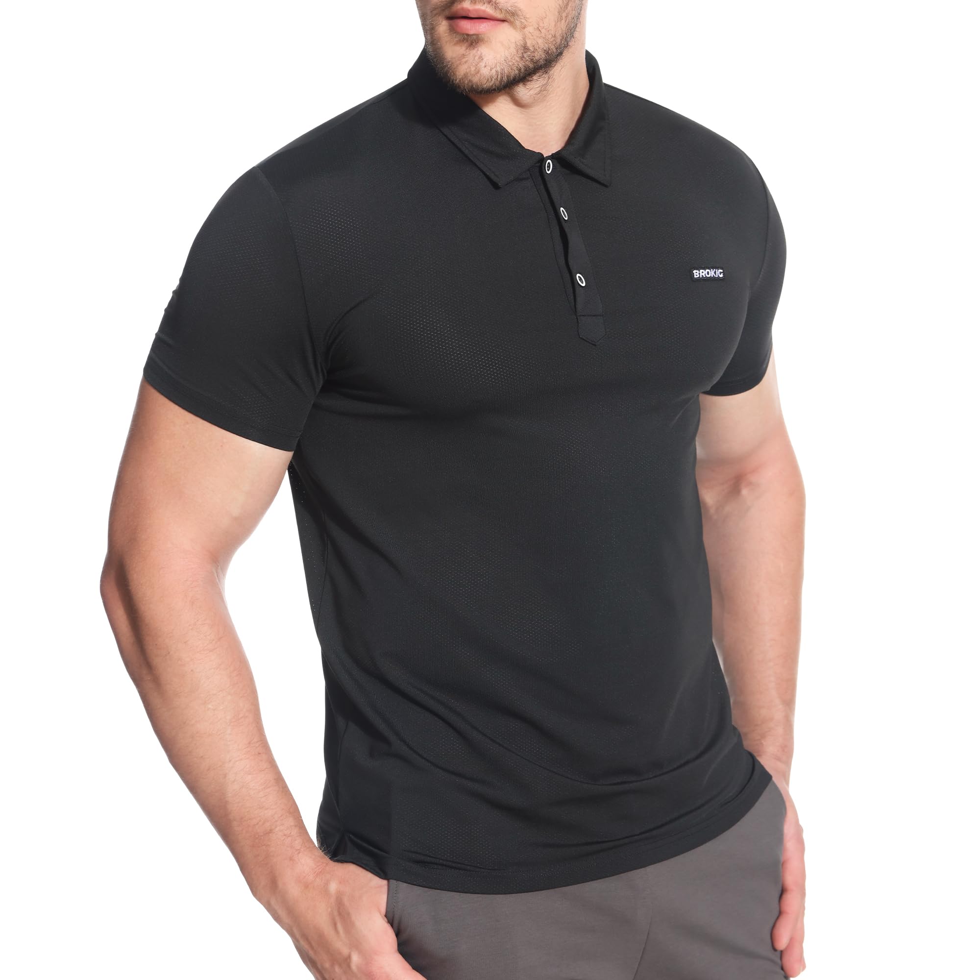 BROKIGMens Mesh Cool Polo Shirt,Dry Fit Golf T-shirts Short Sleeve Sports Shirts Breathable Training Tee