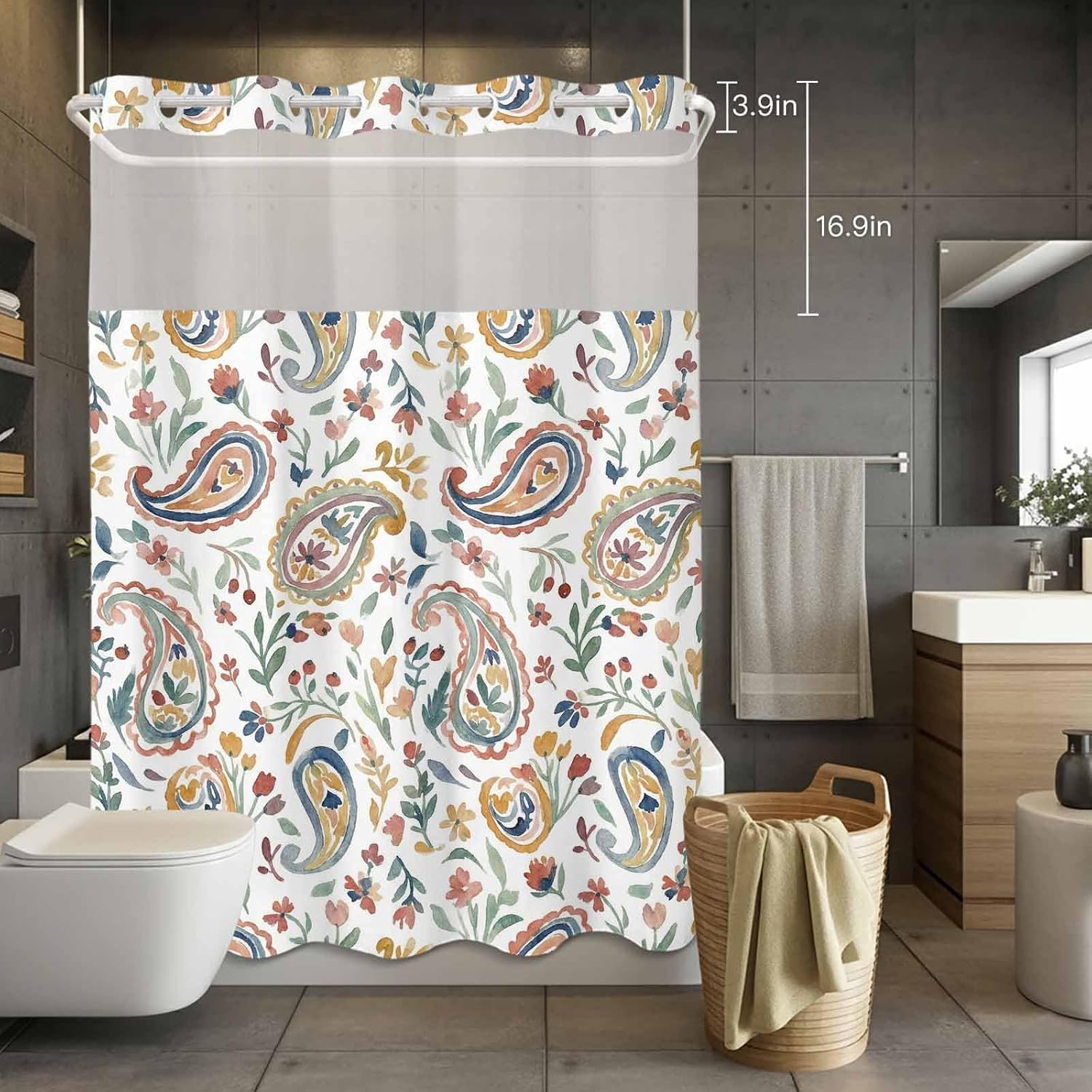 No Hook Shower Curtain, Paisley Flower Long Bathtub Curtains with Snap in Liner, Spring Watercolor Country Floral Leaf Plant Waterproof Washable Fabric Shower Curtain Set, 72" x 84"