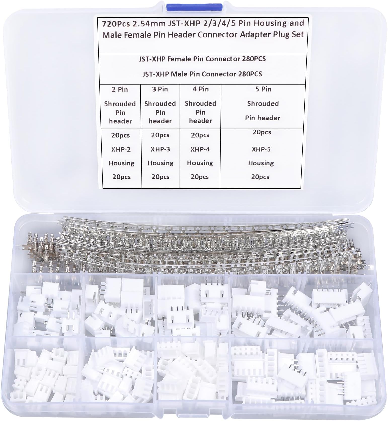 720Pcs 2.54mm JST-XHP 2/3 / 4/5 Pin Housing and Male Female Pin Header Connector Adapter Plug Set