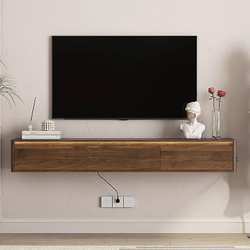 Floating TV Stand, Wall Mounted TV Shelf with LED Lights & Power Outlet, 69" Modern Entertainment Center Media Console with Storage for Living RoomOak