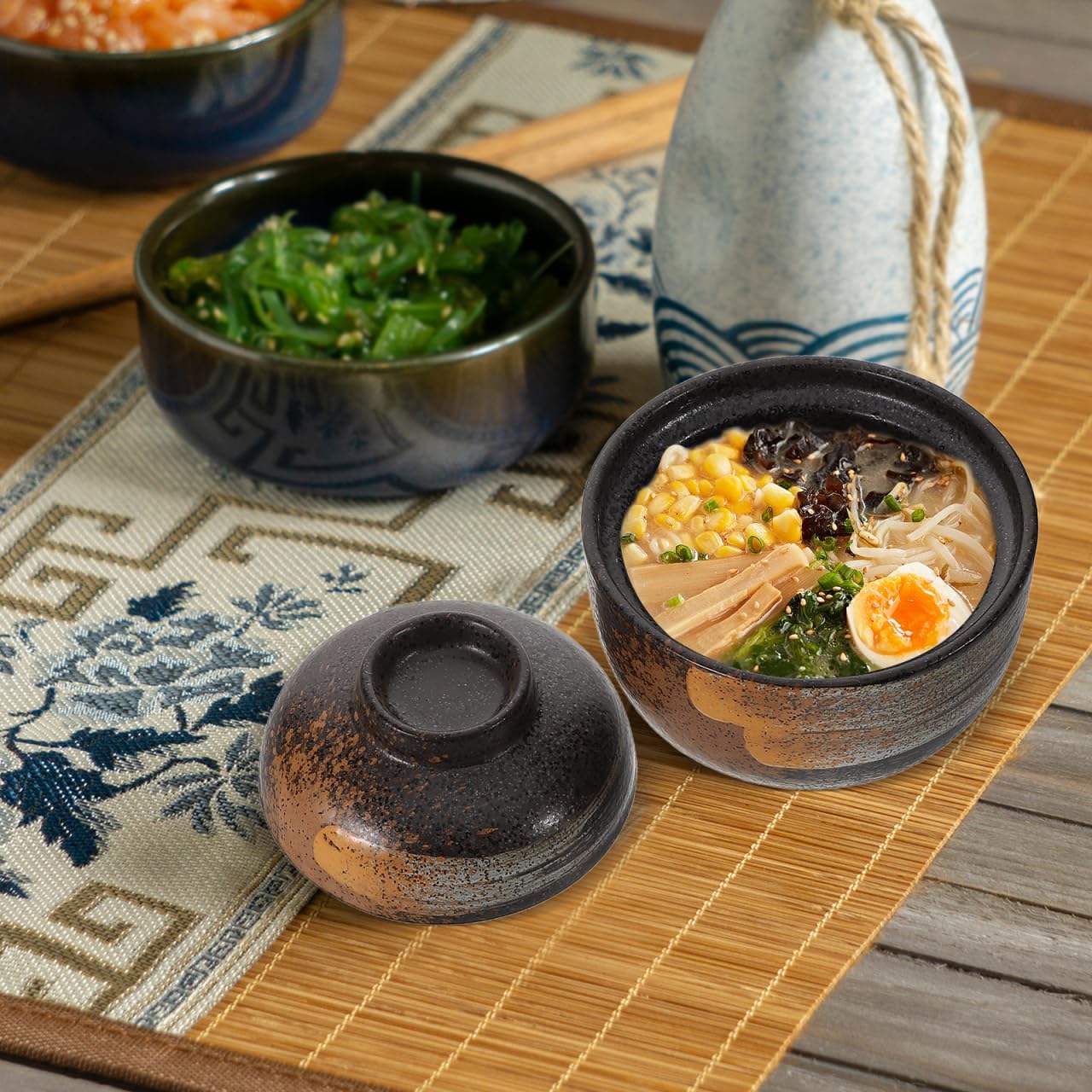 COLLBATH Tradizionale Giapponese Miso Zuppa Ciotola Con Coperchio Ceramica Fatto A Muso Zuppa Uova Al Vapore E Altri Piatti