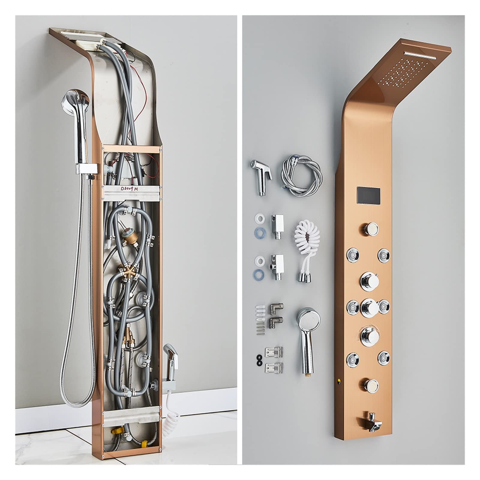 Pannello Doccia for Bagno a LED 6 modalità Colonna Doccia LCD Intelligente Sistemi for Vasca da Bagno con Cascata a Pioggia in Oro Rosa con Miscelatore a Getto massaggiante(Brushed Nickel 8007)
