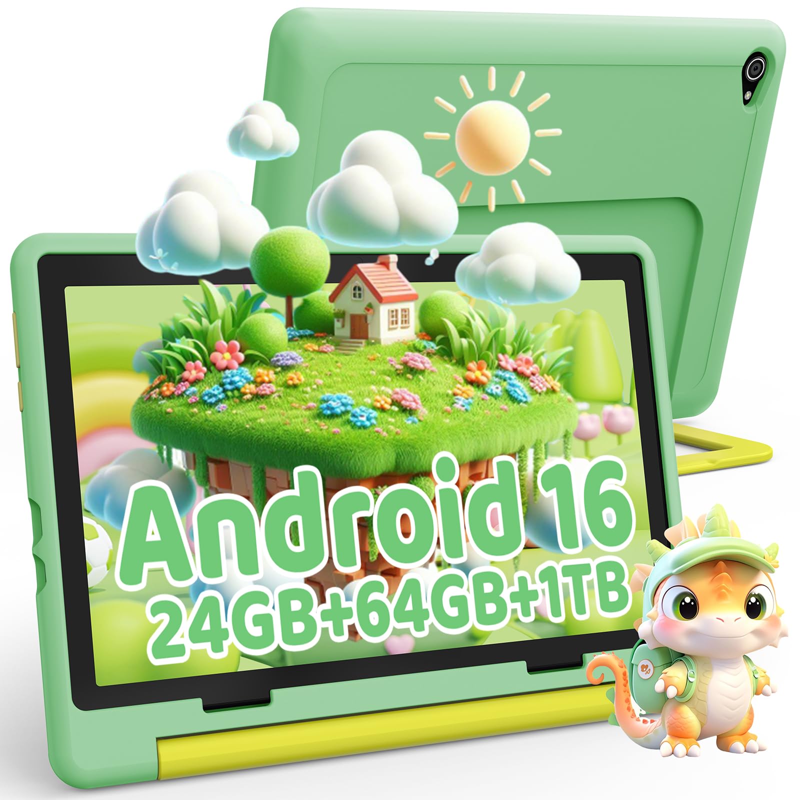 Ainmel Android 16 Kinder Tablet, 10.1 Zoll Tablet für Kinder, 24GB+64GB(erweiterbar auf 1TB), 6000mAh, Kindersicherung, WiFi 6, Bluetooth 5.4, Widevine L1, kindersicheres Gehäuse (grün)