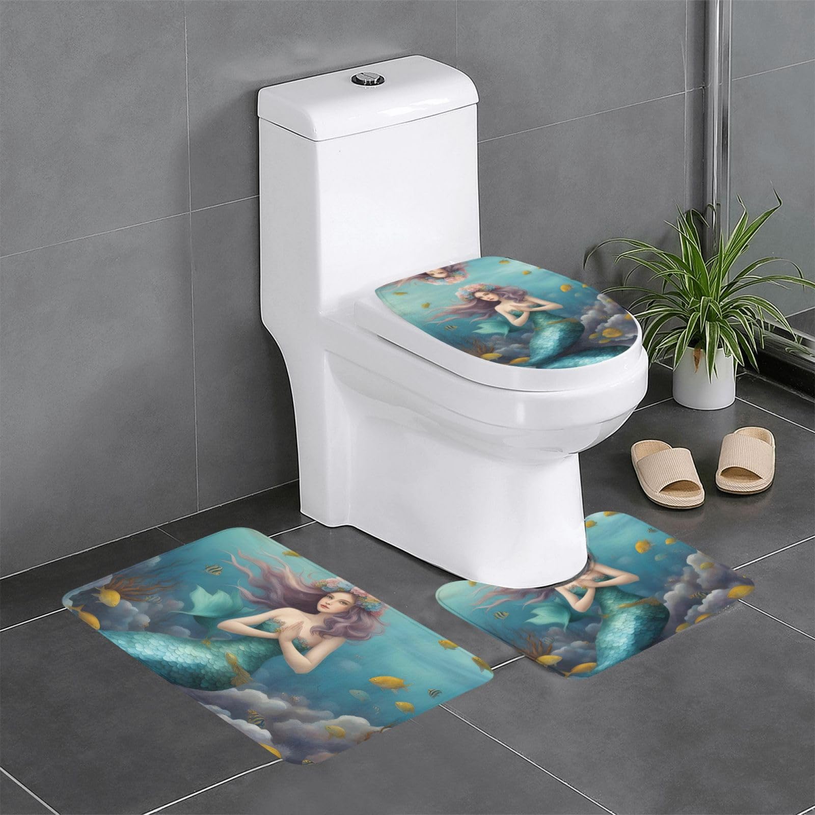 Tapis de salle de bain sirène antidérapants : lot de 3 avec formats contour, ovale et rectangulaire