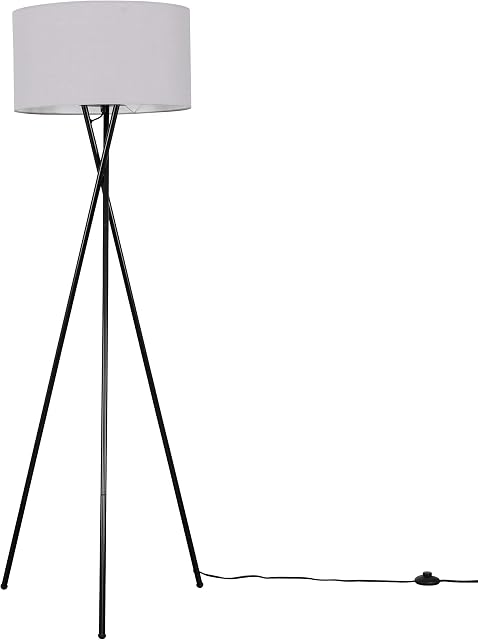 MiniSun Modern Gloss Black Metal Tripod Floor Lamp with a Pale Grey Cylinder Shade