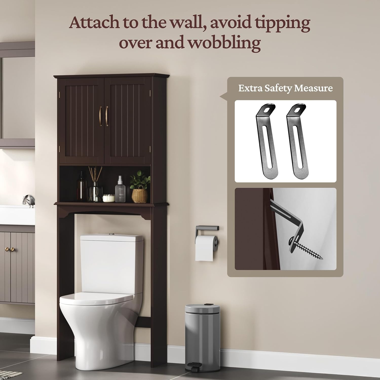 Topeakmart Over The Toilet Storage Cabinet Bathroom Organizer with Adjustable Shelf & Double Doors for Toilet, Home Space-Saving Furniture, L24.5xW9xH66 Inches, Espresso