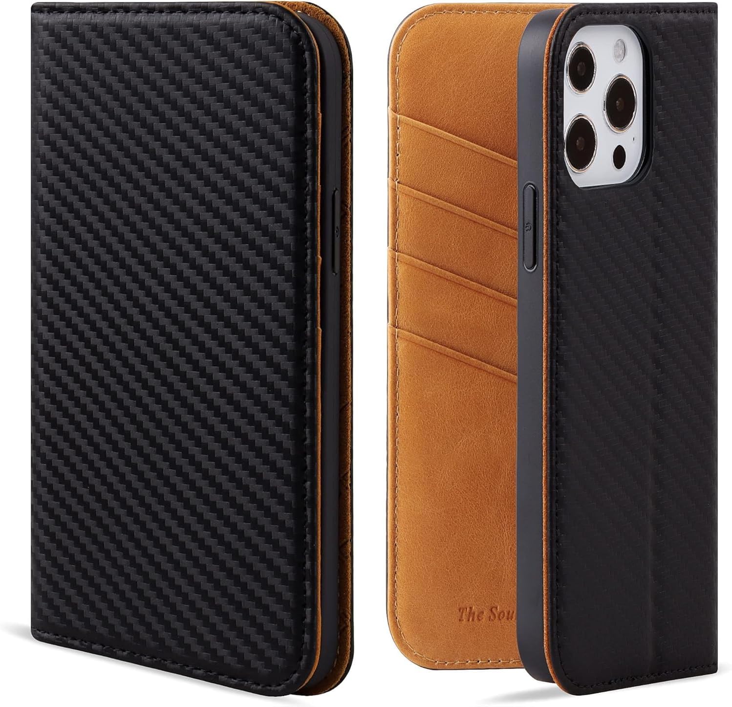 VISOUL Case for iPhone 13 Pro Max Wallet Case, Magnetic Carbon Fiber Leather Case with Card Holder Folio Flip Cover Compatible with iPhone 13 Pro Max(6.7-inch)(Black+Orange)