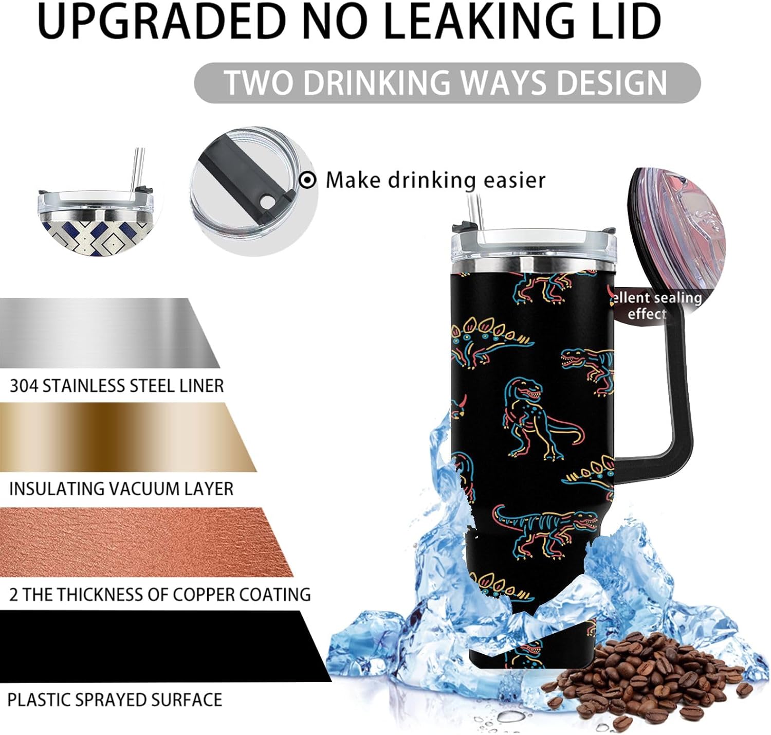 generic Dinosaur Dino Favors 40oz Tumbler With Handle Gifts For Fathers Stainless Steel Wine Tumbler For University, White - Image 7